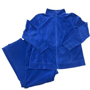 Studio Works Cobalt Blue Velour Tracksuit Set Y2K Velvet Zip Up Jacket Pants L